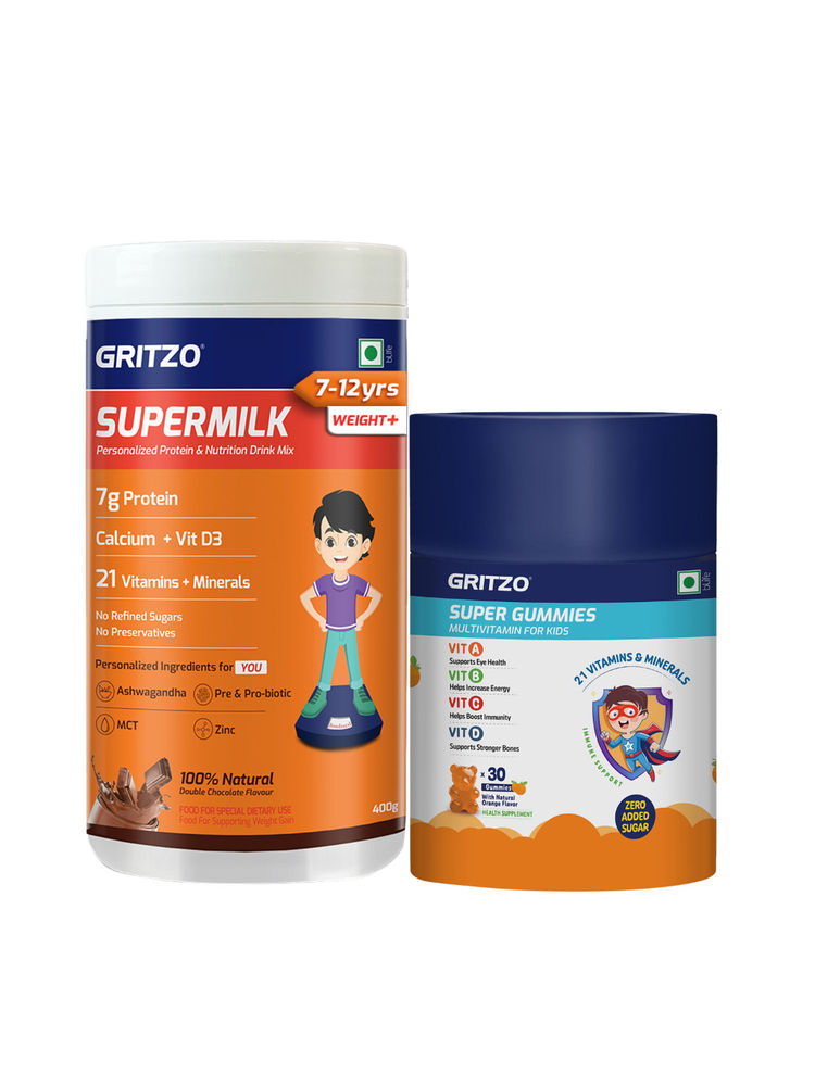 Gritzo Supermilk Weight+ (7-12Y), 7G Protein (Double Chocolate, 400G) & Super Gummies(Orange)-image-13