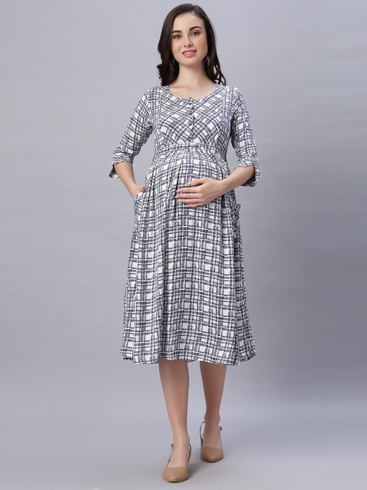 Mamma's Maternity Women Navy Blue Cotton Checks Printed Maternity Dress-image-49