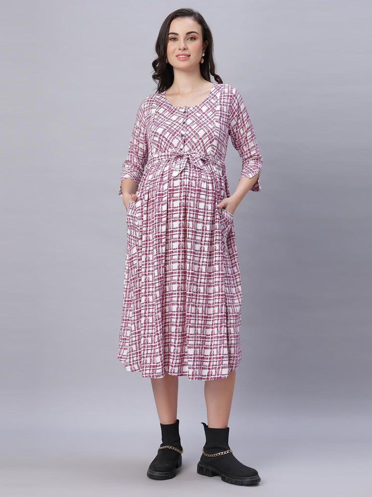 Mamma's Maternity Women Purple Cotton Checks Printed Maternity Dress-image-46