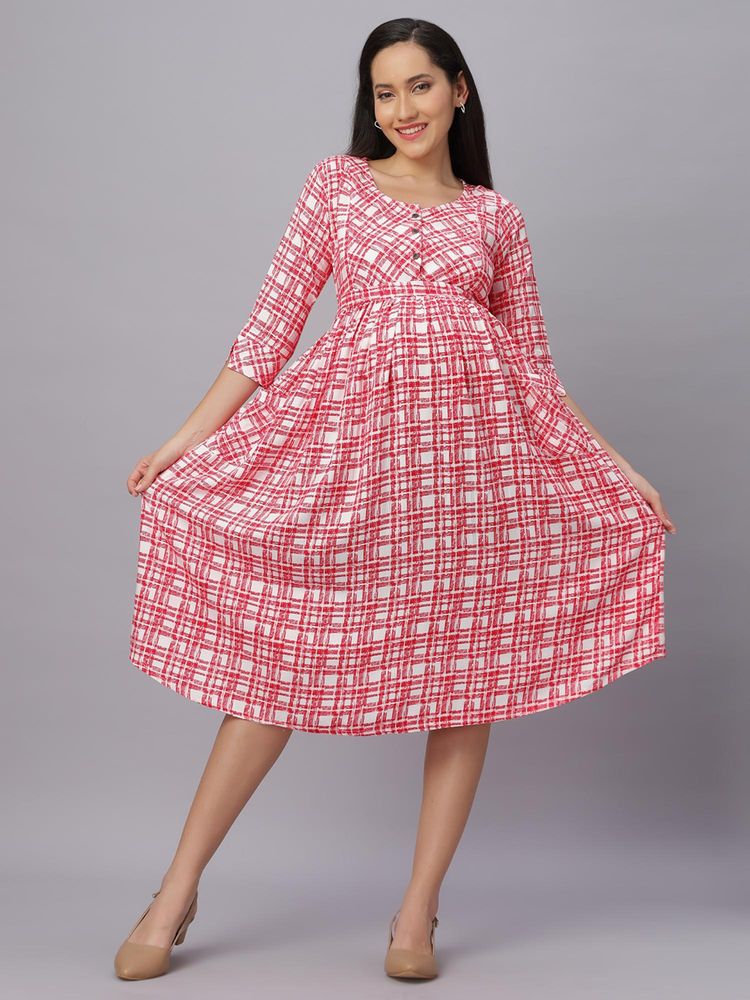 Mamma's Maternity Women Red Cotton Checks Printed Maternity Dress-image-8
