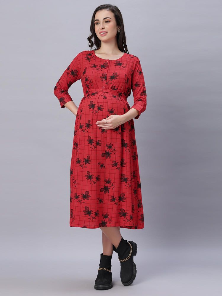 Mamma's Maternity Women Red Cotton Floral Checks Printed Maternity Dress-picture-14