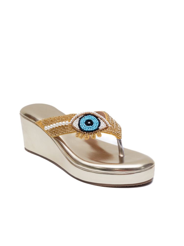 Dapper Feet V Strap Evil Eye Platform Slippers - Golden-image-25
