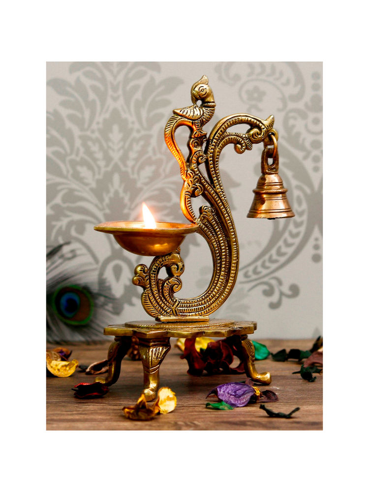 eCraftIndia Antique Finish Brass Parrot Showpiece Diya with Bells and Stand-picture-17