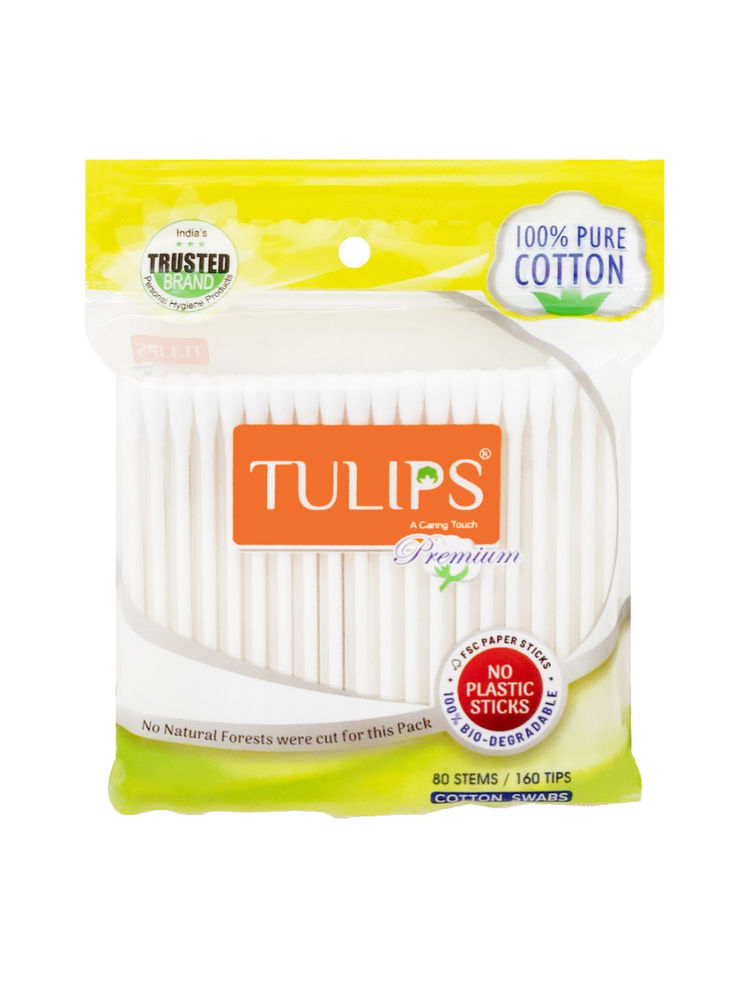 Tulips Premium Cotton Ear Buds/ Swabs with White Paper Stick Pouch (80/ 160 Tips in a Ziplock Pouch)