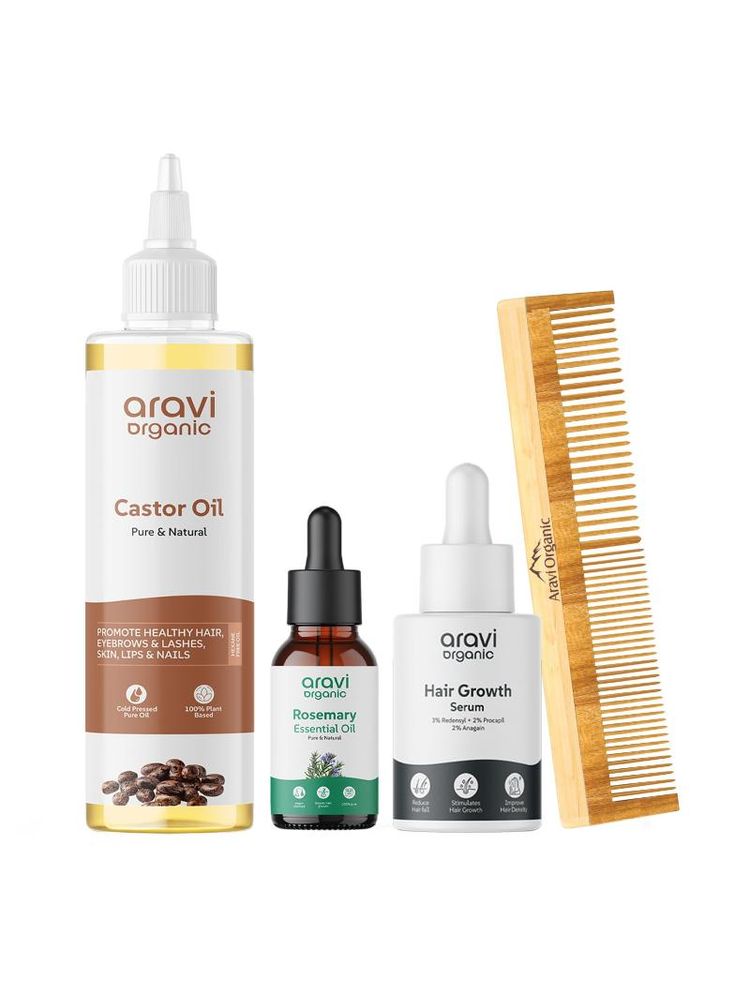 Aravi Organic Castor Carrier Oil , Hair Growth Serum, Rosemary Essential Oil & Neem Wood Comb Combo-image-18