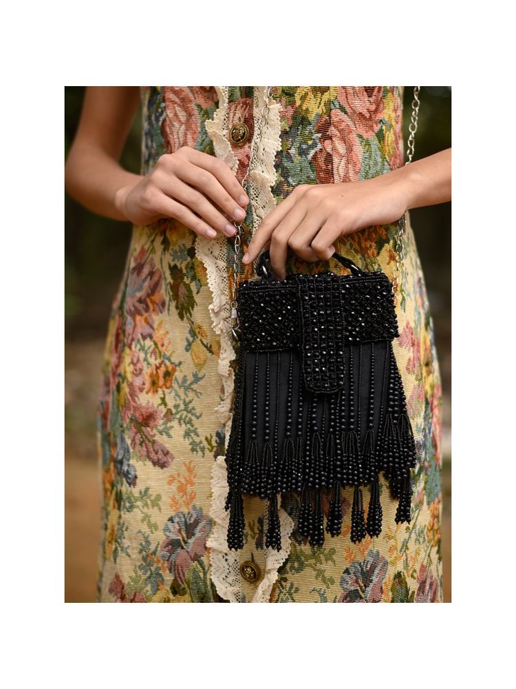 Odette Black Beaded Sling Bag with Tassels-picture-21