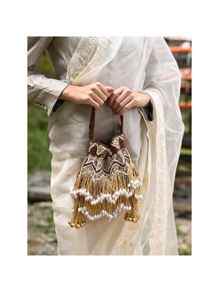 Odette Brown and Gold Tassel Potli Bag-image-2