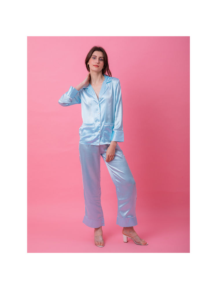 EZME STUDIO Luxe Satin Baby Blue Shirt and Pyjama (Set of 2)-image-1