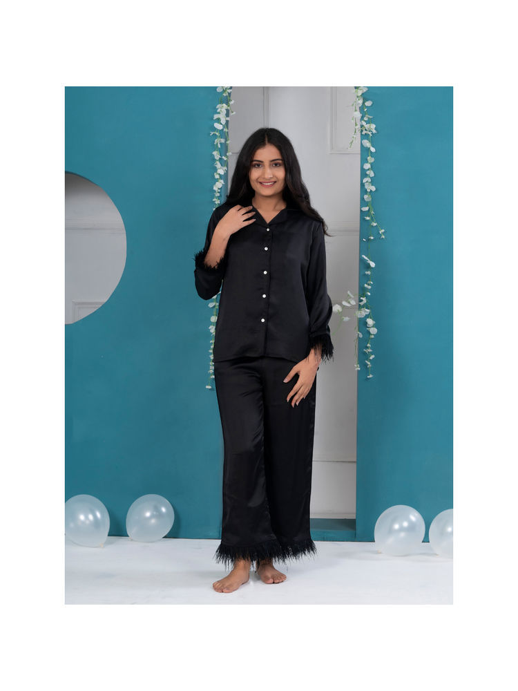 EZME STUDIO Black Ostrich Feather Shirt and Pyjama (Set of 2)-picture-14