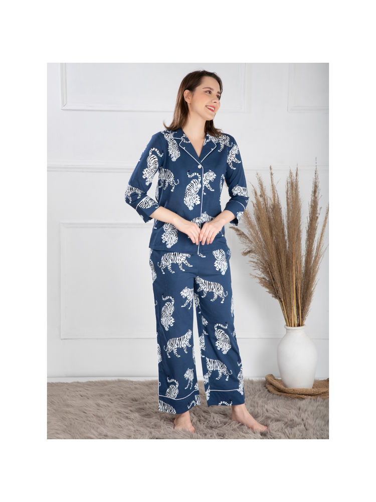 EZME STUDIO Cotton Sierra Navy Blue Tiger Print Shirt and Pyjama (Set of 2)-image-22
