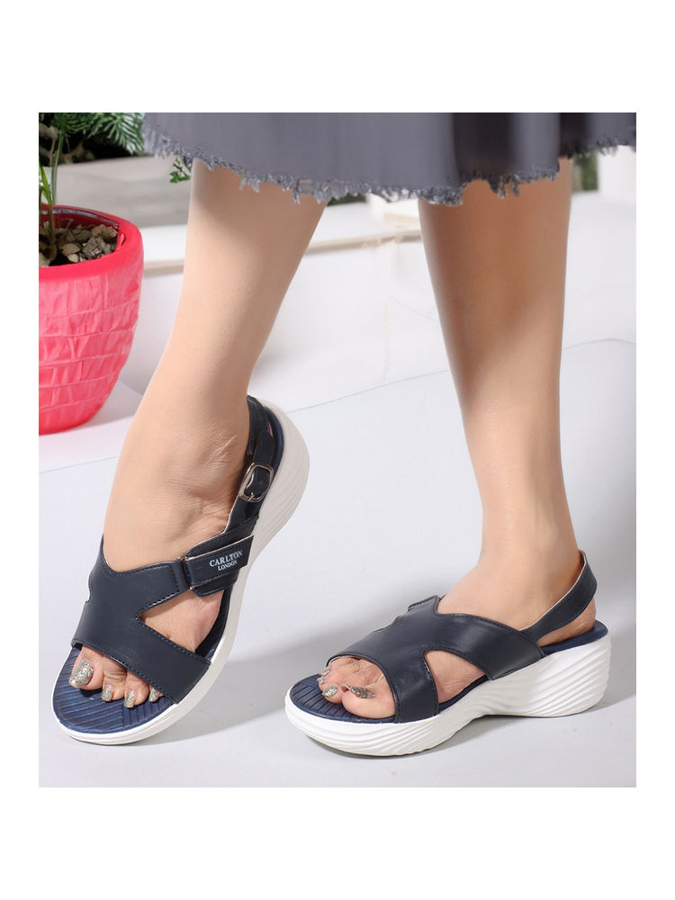Carlton London Navy Blue Solid Women Comfort Sandal-image-7