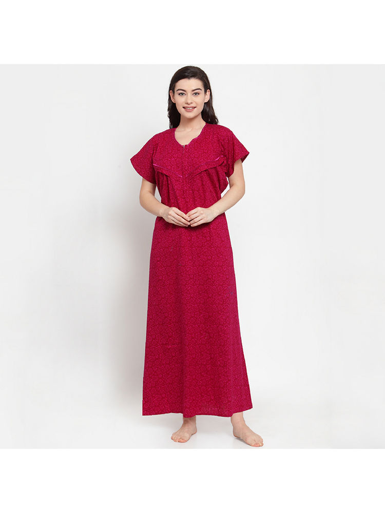 Secret Wish Women's Dark Pink Cotton Printed Maternity Nighty (Free Size)