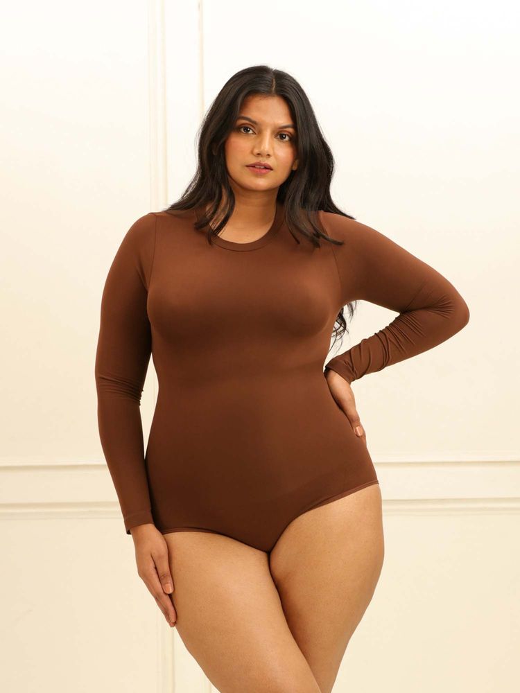 Underneat Brown Long Sleeve Bodysuit Seamless Shapewear-picture-7