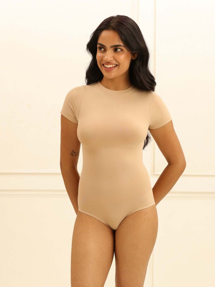 Underneat Beige Short Sleeve Bodysuit Seamless Shapewear-image-29