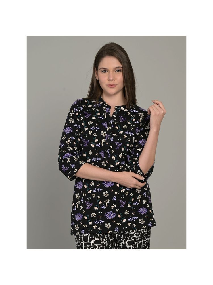 MAYSIXTY Women Pure Soft Cotton Printed Mandarin Neck Black Top-picture-15
