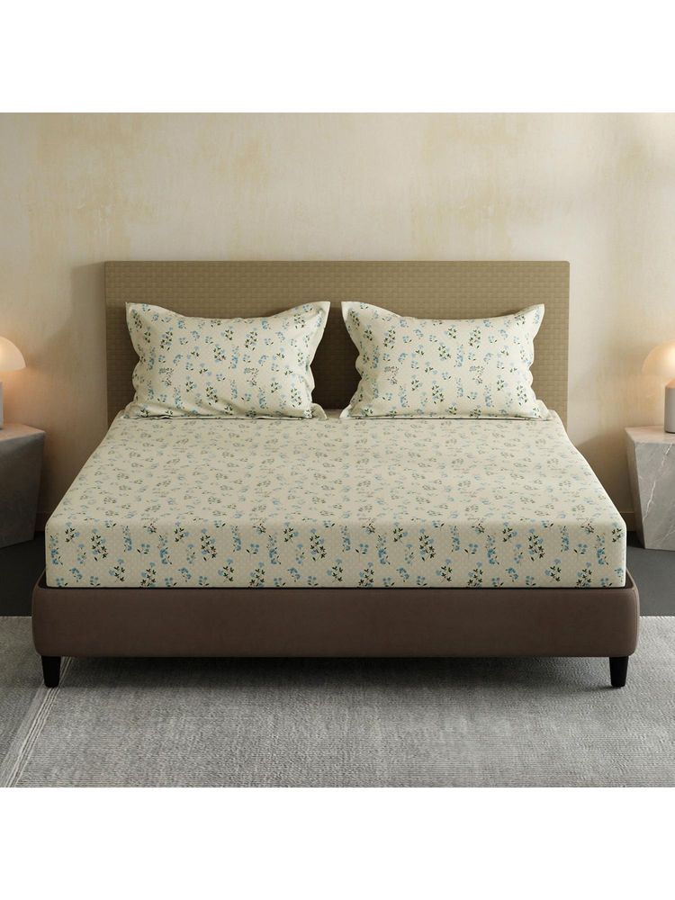 Layers Lumina Floret 100% Cotton 144 TC Cream & Blue Floral Double Bedsheet with 2 Pillow Covers-image-7