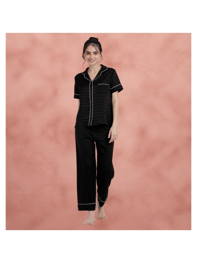 Shyaway Black White Geometric Printed Satin Shirt with Pajama-image-8