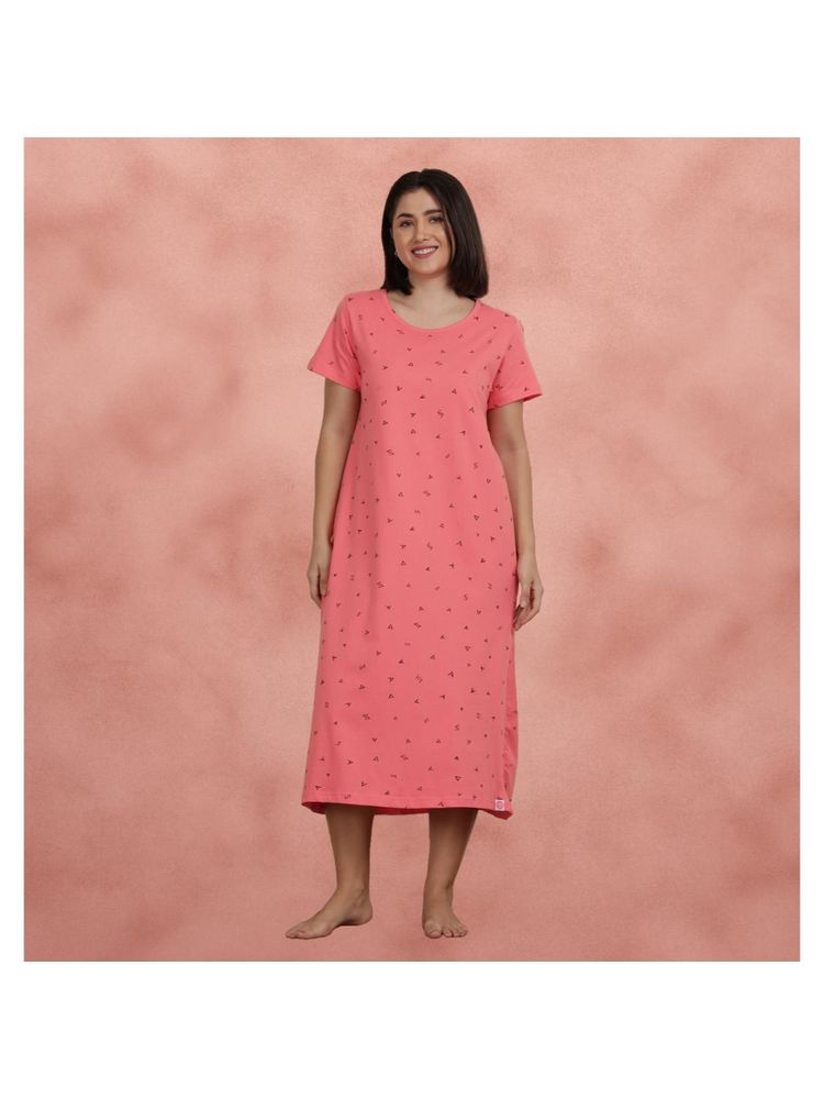 Shyaway Shell Pink All Over Printed Cozy Sleep Night Dress-image-12