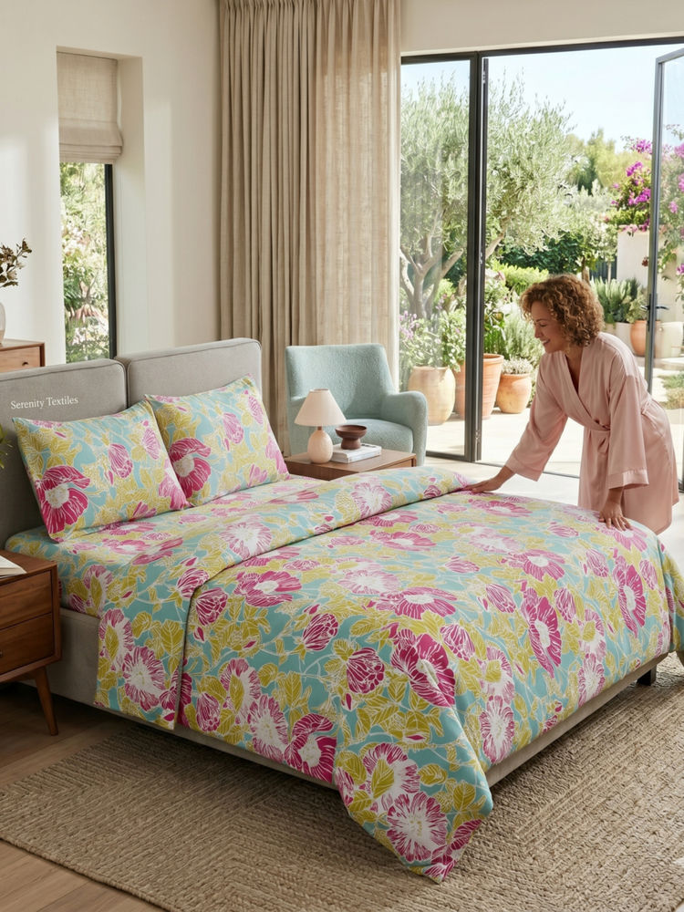 Haus & Kinder Petal Veranda Multi-Color Cotton 186TC Flat Bedsheet with 2 Pillow Covers-picture-2