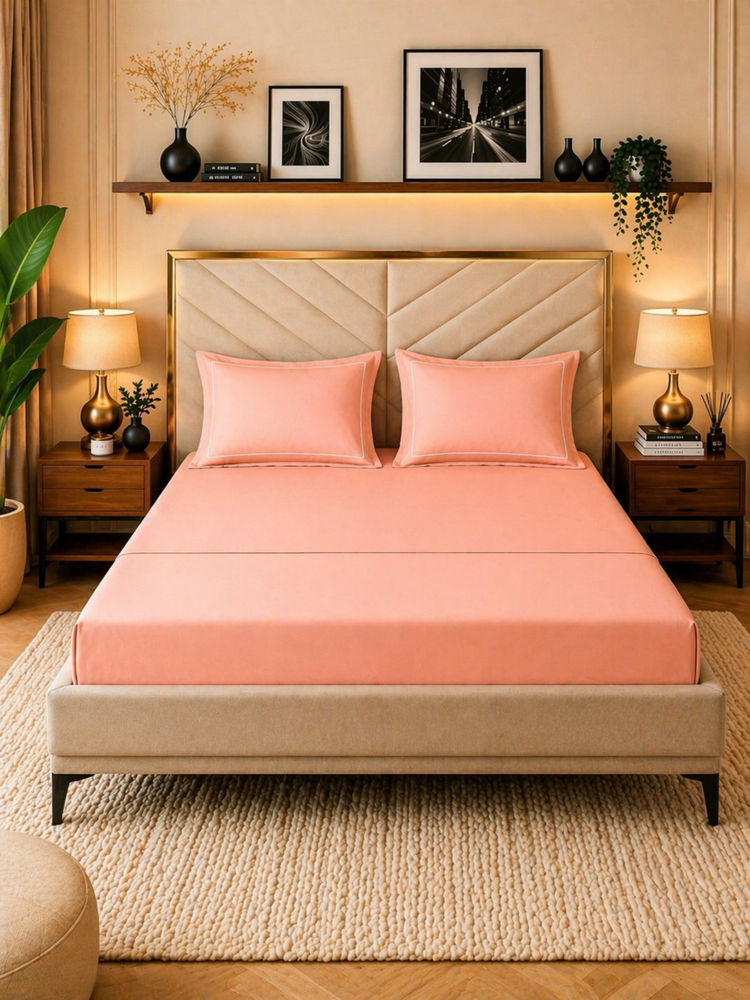 MULBERRY LIVING Peach Serenity Solid 250TC Bedsheet with 2 Pillow Covers-picture-27