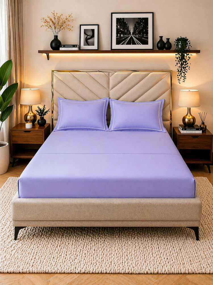 MULBERRY LIVING Lavender Serenity Solid 250TC Fitted Bedsheet with 2 Pillow Covers (King)-picture-23