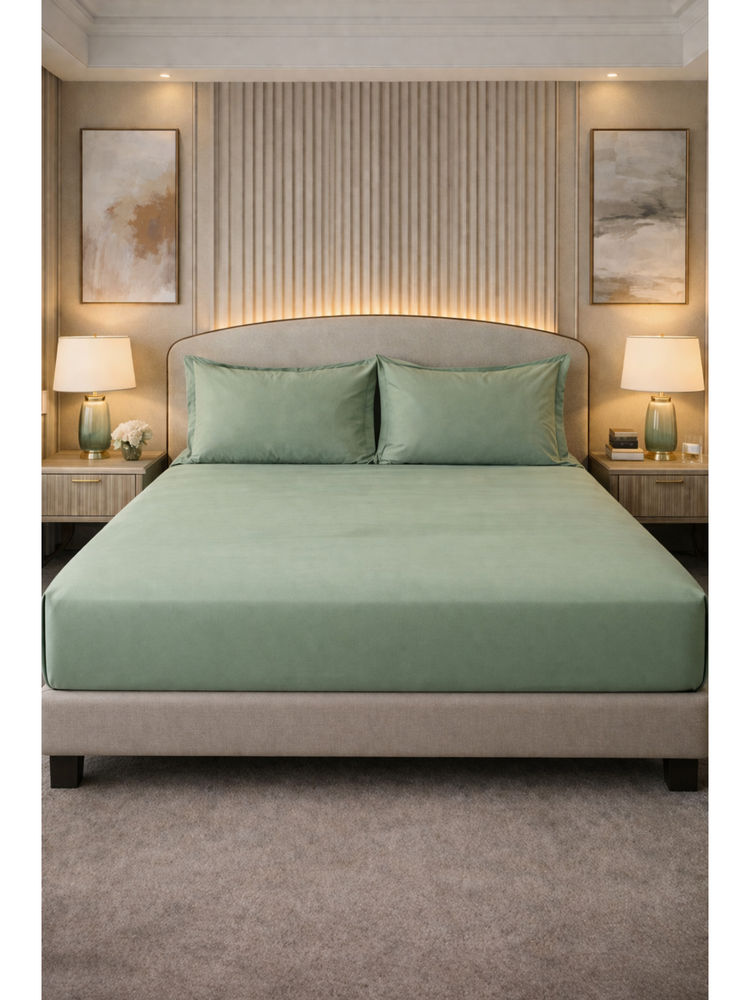 MULBERRY LIVING Green Giza Signature Egyptian Cotton 350TC Bedsheet with 2 Pillow Covers (King)-picture-24