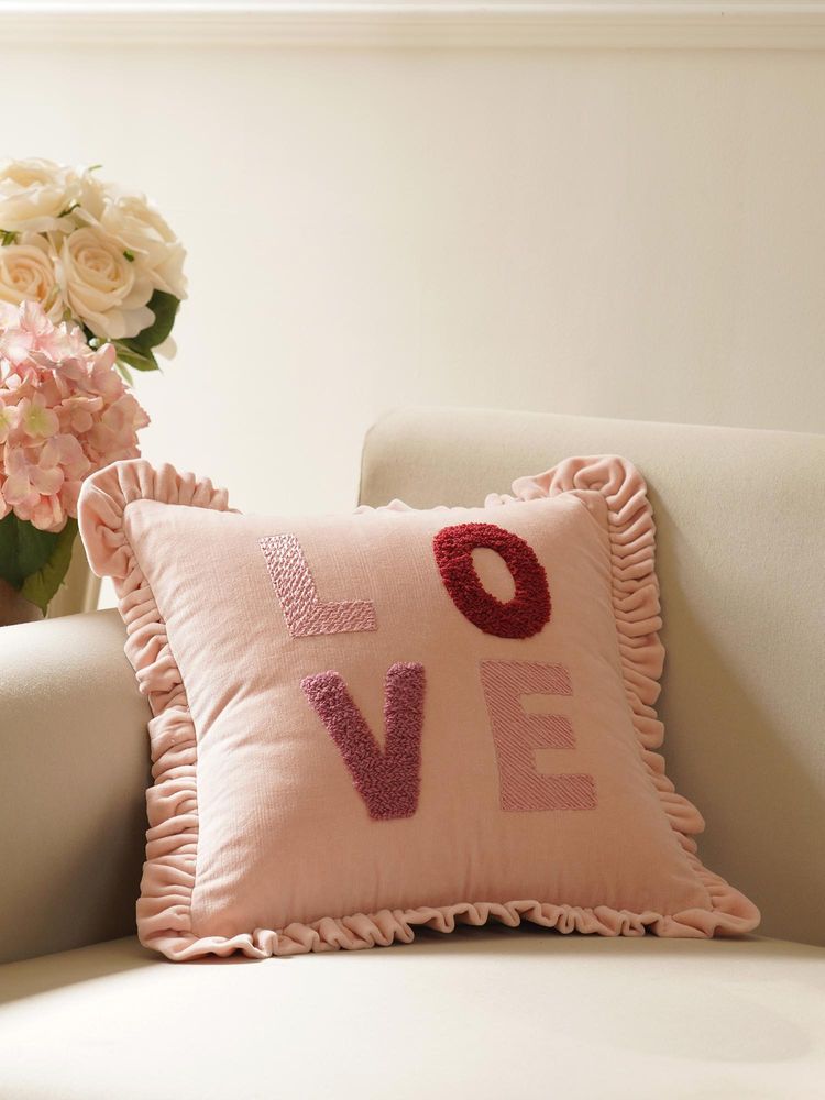 Pure Home + Living Pink Love Motif Frilled Cushion Cover (16X16 Inches)-image-34