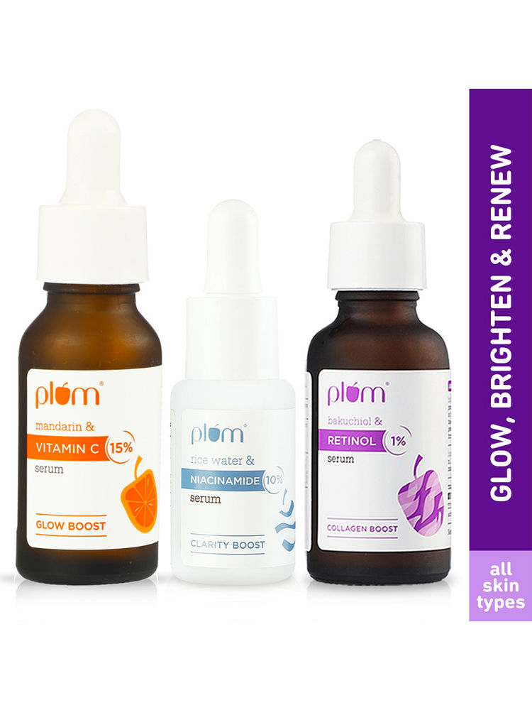 Plum Glow, Bright & Renew Serum Trio - 15% Vitamin C + 10% Niacinamide + 1% Retinol Serum