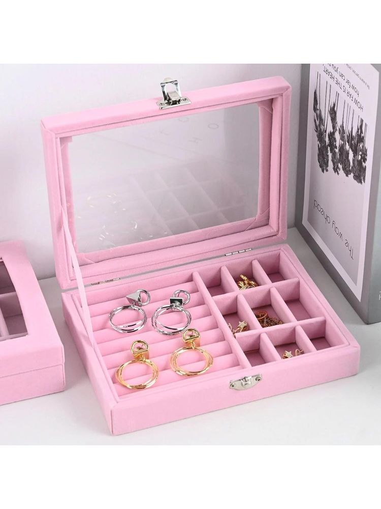 Awestuffs Pink Jewellery Organizer Box with Clear Glass Lid-image-3