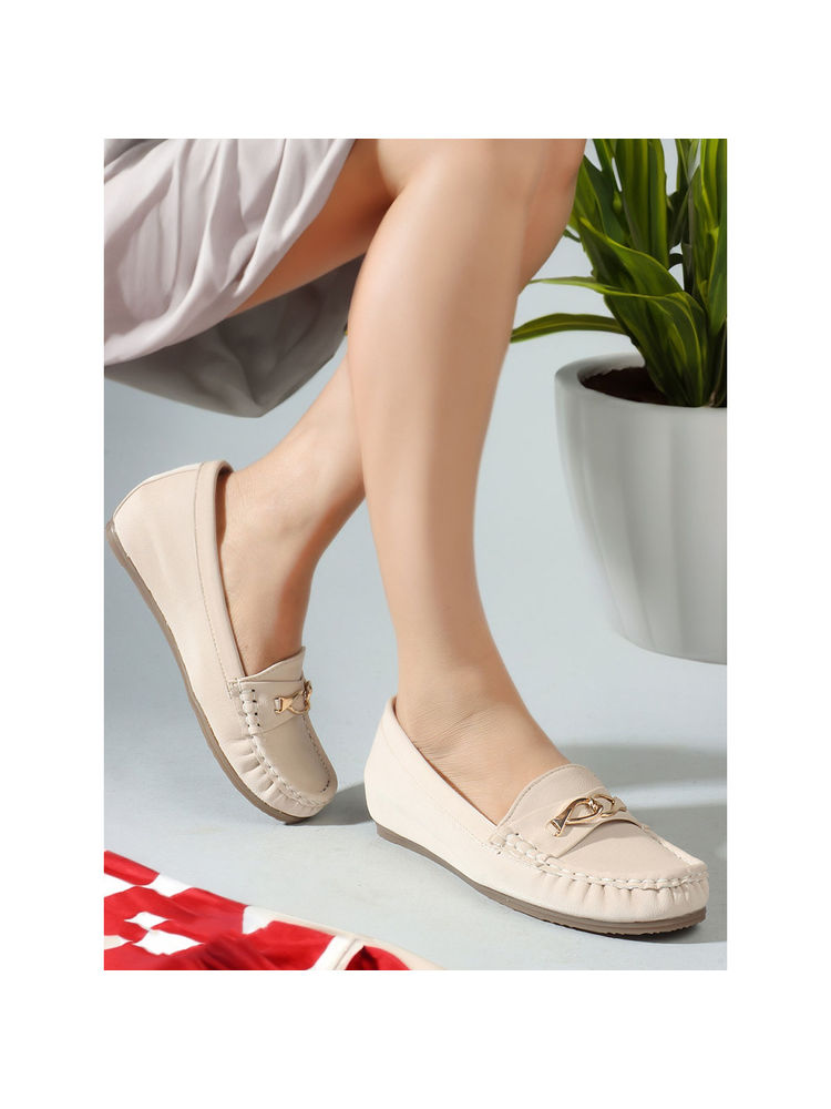 Carlton London Cream Slip-On Solid Women Loafers