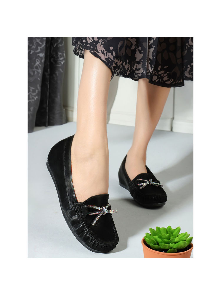 Carlton London Black Slip-On Solid Women Loafers