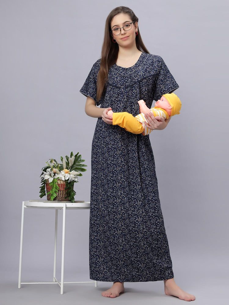 Quira Comfortable Womens Full Length Cotton Blend Half Sleeves Nightdress Blue-picture-7