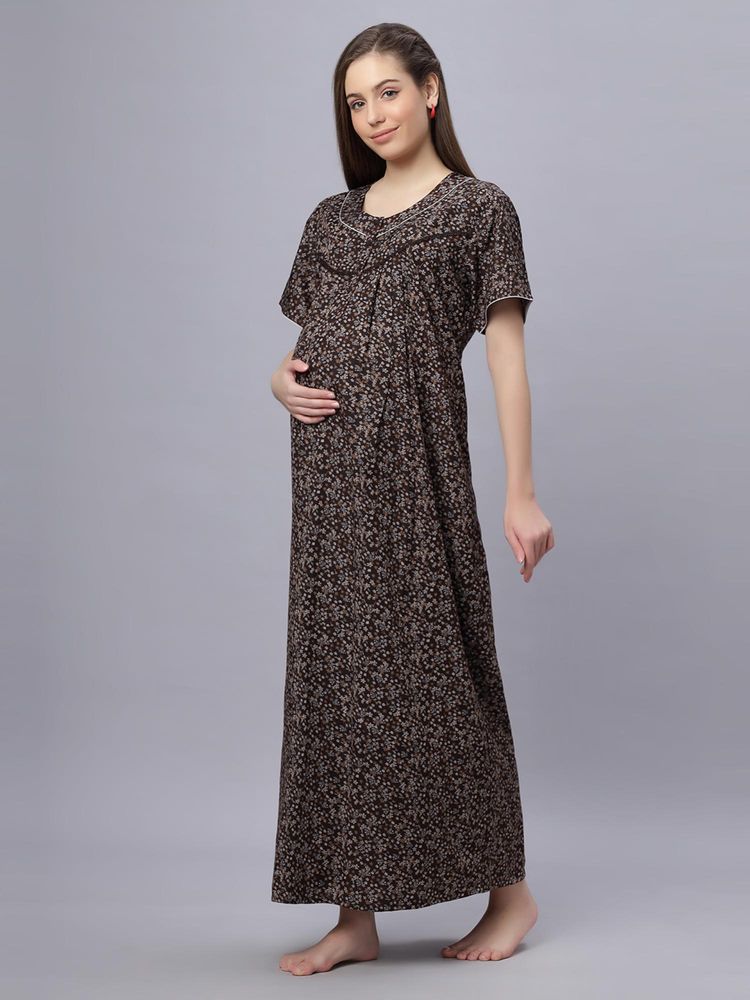 Quira Comfortable Womens Full Length Cotton Blend Half Sleeves Nightdress Brown-picture-1