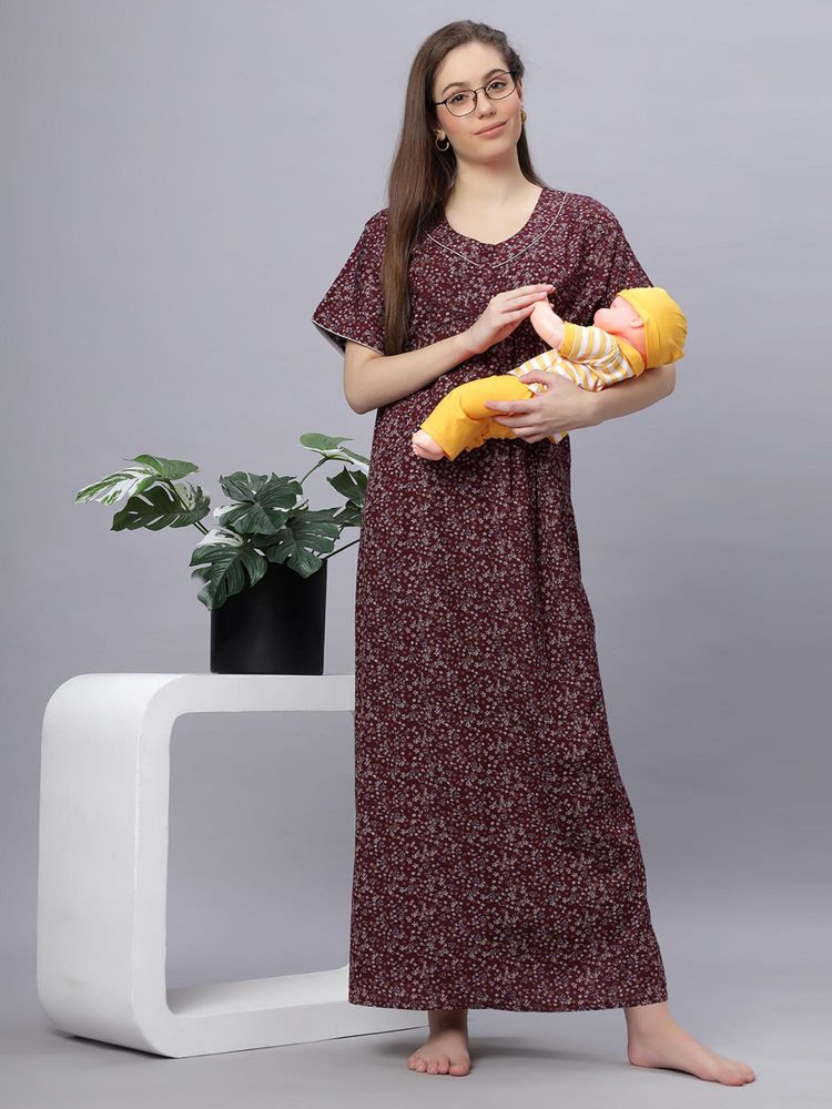 Quira Comfortable Womens Full Length Cotton Blend Half Sleeves Nightdress Maroon-image-41
