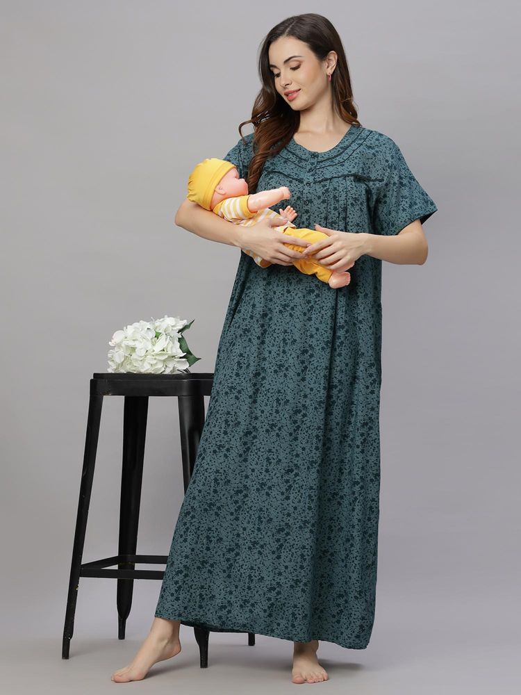 Quira Comfortable Womens Full Length Cotton Blend Half Sleeves Nightdress Green-image-40