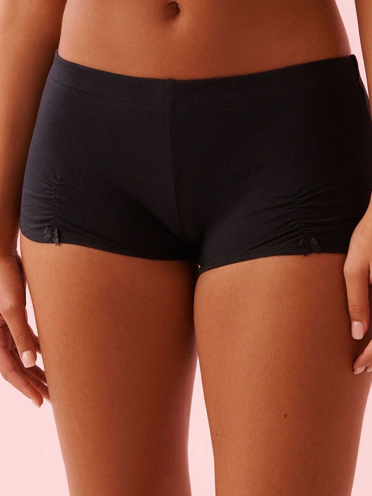 La Vie En Rose Bow And Ruched Cotton Boyshort Panty Black-picture-11