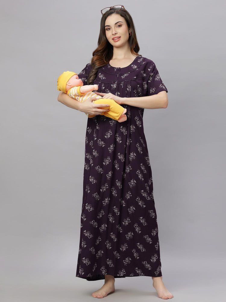 quira comfortable womens full length cotton blend half sleeves nightdress wine