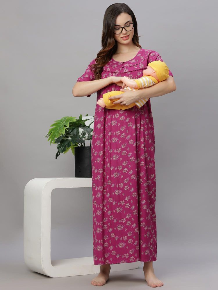 Quira Comfortable Womens Full Length Cotton Blend Half Sleeves Nightdress Pink-image-42