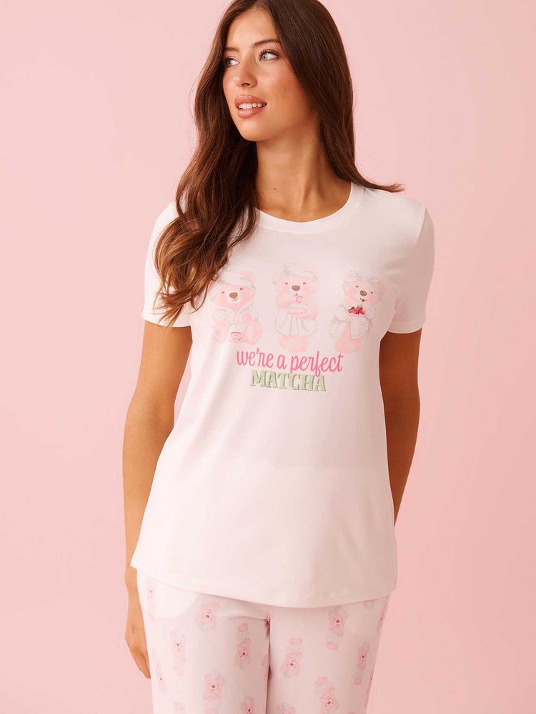 La Vie En Rose Spa Time Teddy Print Super Soft T-Shirt White-picture-38