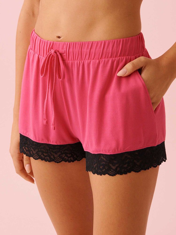 La Vie En Rose Lace Trim Modal Shorts Pink-image-42