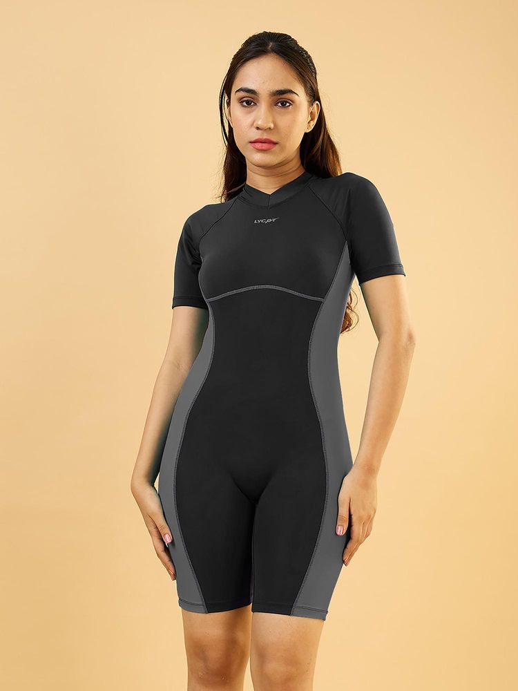 LYCOT Women Nylon High Coverage Kneesuit Swimsuit With Back Zip Black-picture-17