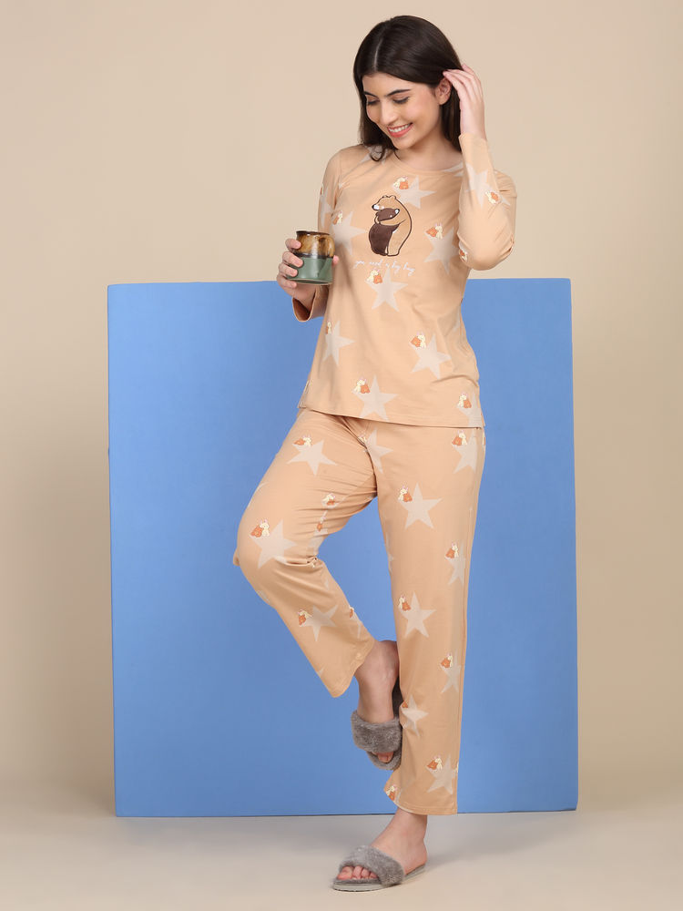Sweet Dreams Women Beige Printed T-shirt and Pyjama-picture-30