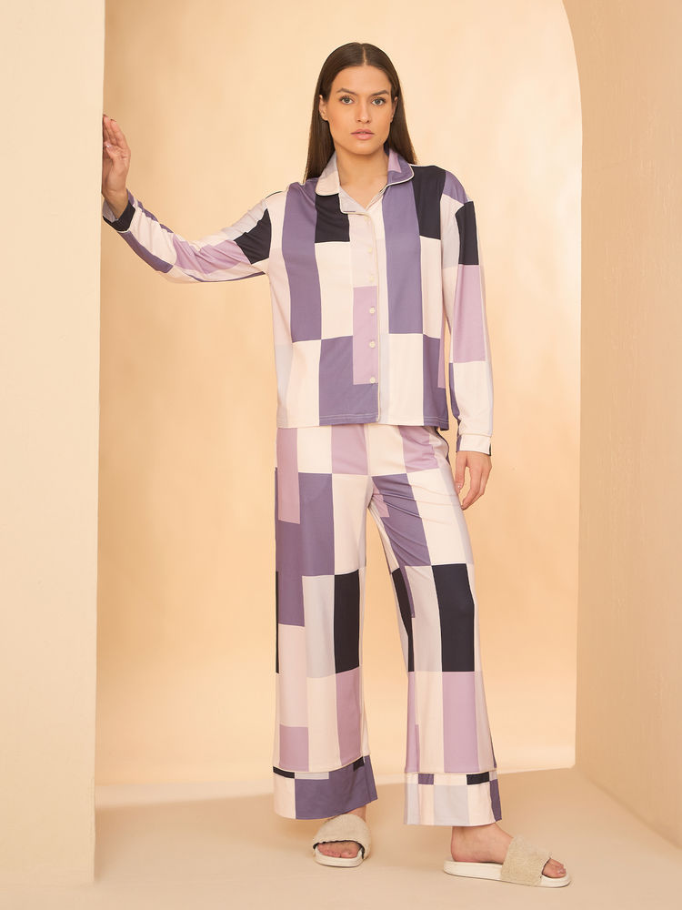 Sweet Dreams Women Purple Geometric Print Shirt and Pyjama-image-4