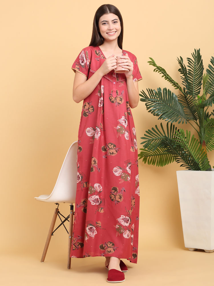 Sweet Dreams Women Red Floral Printed Full Length Night Dress-picture-23