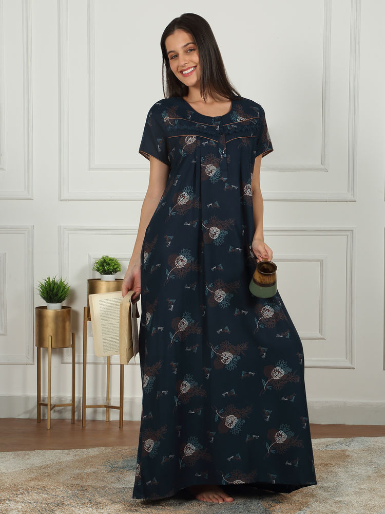 Sweet Dreams Women Navy Blue Floral Printed Full Length Night Dress-picture-29