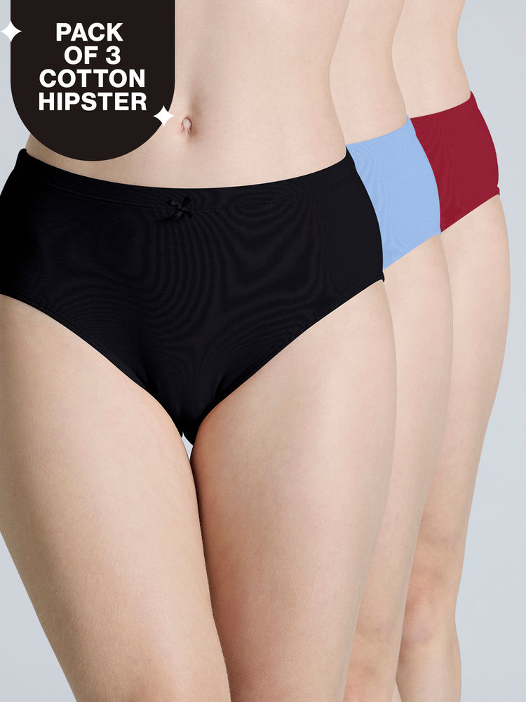 nykd by nykaa PO3 Mid Rise Cotton Hipster Panty with Outer Elastic-Jet Black,C.Red,Sky Blue-NYP391-picture-28