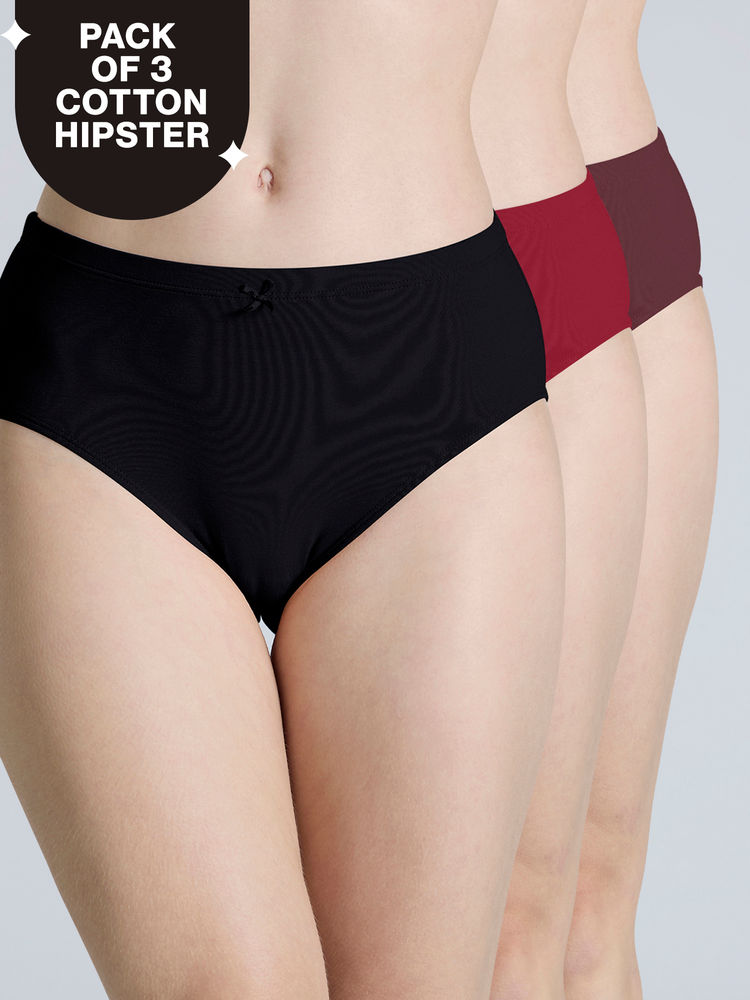 nykd by nykaa PO3 Mid Rise Cotton Hipster Panty with Outer Elastic-Jet Black,Maroon,S.Red-NYP391-picture-20