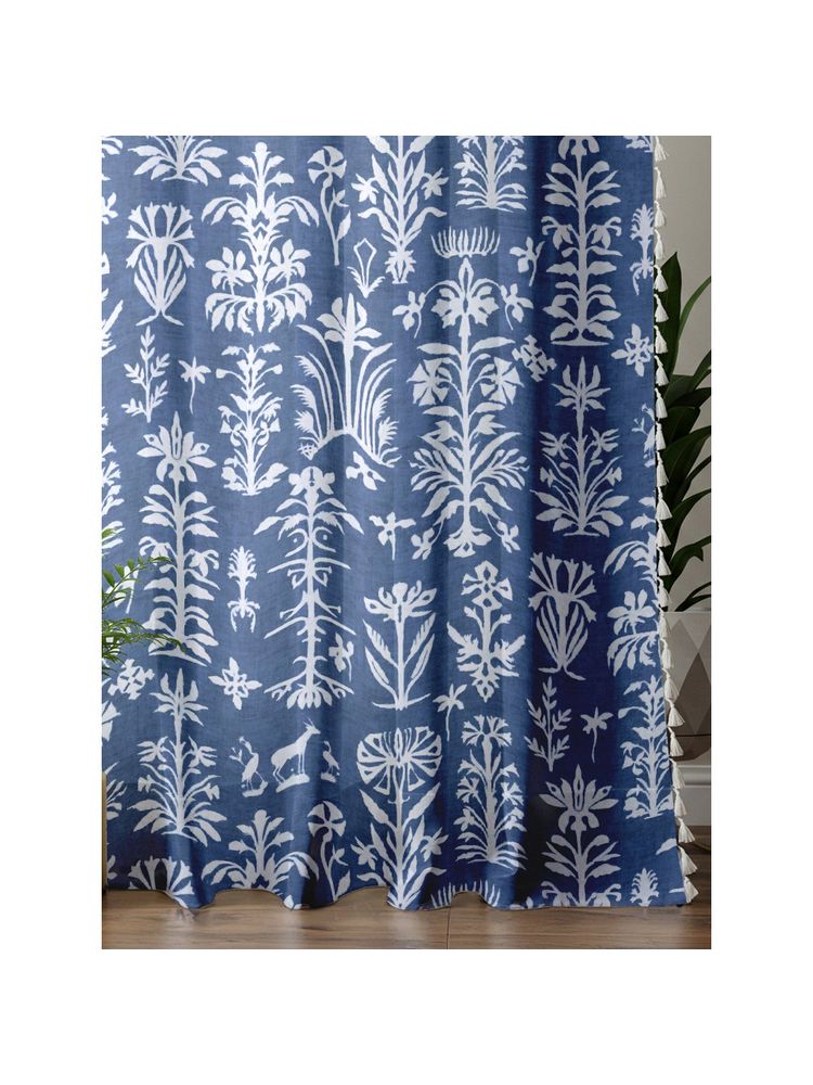 Urban Space 100% Boho Cotton Curtain with Tieback & Eyelets Twigs Indigo Blue-image-20