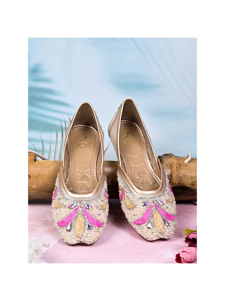 Jove Women Multi-Color Golden Embellished Mojaris-picture-32