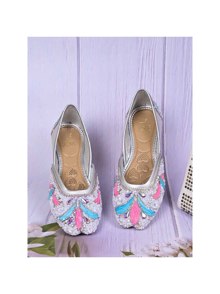 Jove Women Multi-Color Silver Embellished Mojaris-image-38